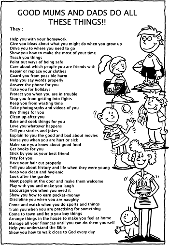 Sunday School Activity Sheet: Good Mums And Dads Do All These Things!!
